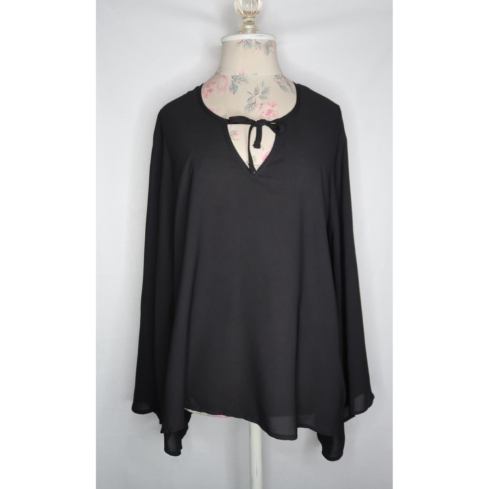 Show Me Your Mumu Black Tie Neck Bell Sleeve Blouse Women's Small Boho Top EUC